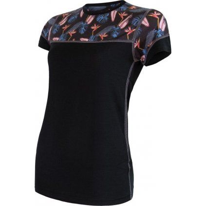 Dámské merino tričko SENSOR impress černé/floral (Velikost S, Barva černá)