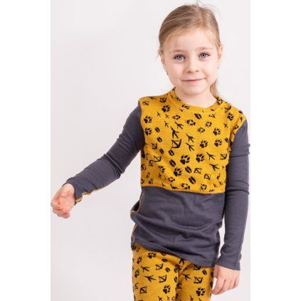 Dětské merino triko UNUO s dlouhým rukávem Nature, Hořčicová, Lesní stopy (Velikost 98/104, Věk 2-4 roky)