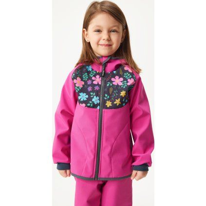 Dětská softshellová bunda UNUO s fleecem Basic, Fuchsiová, Kytičky (Velikost 80/86, Věk 12-18 měsíců)
