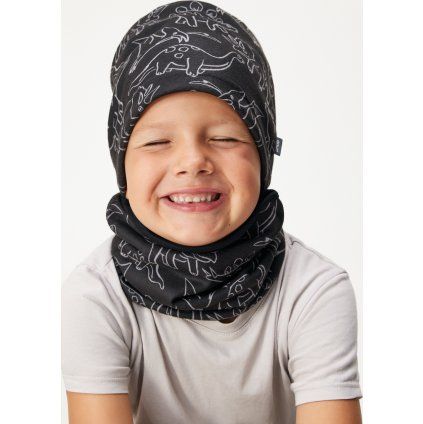 Dětská čepice fleecová UNUO Basic, Černá, Dino (Velikost S (45 - 48 cm), Věk 1-3 roky)